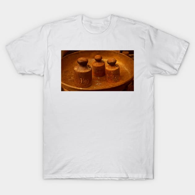 WEIGHTS in a SCALE Pan T-Shirt by mister-john